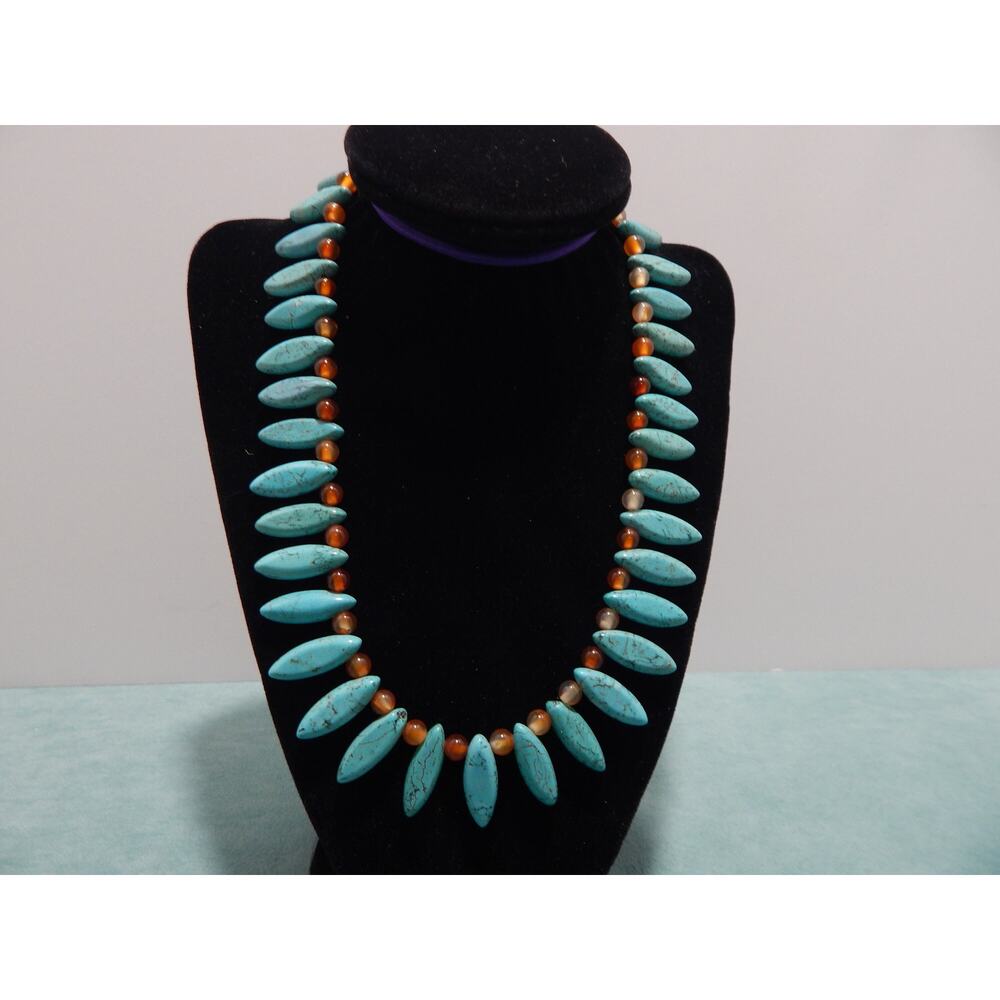 Handcrafted Gemstone Beaded Necklace Turquoise and Carnelian 18" long